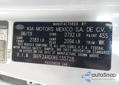 2019 Kia Forte Lxs from USA, damaged, VIN 3KPF24AD0KE135728